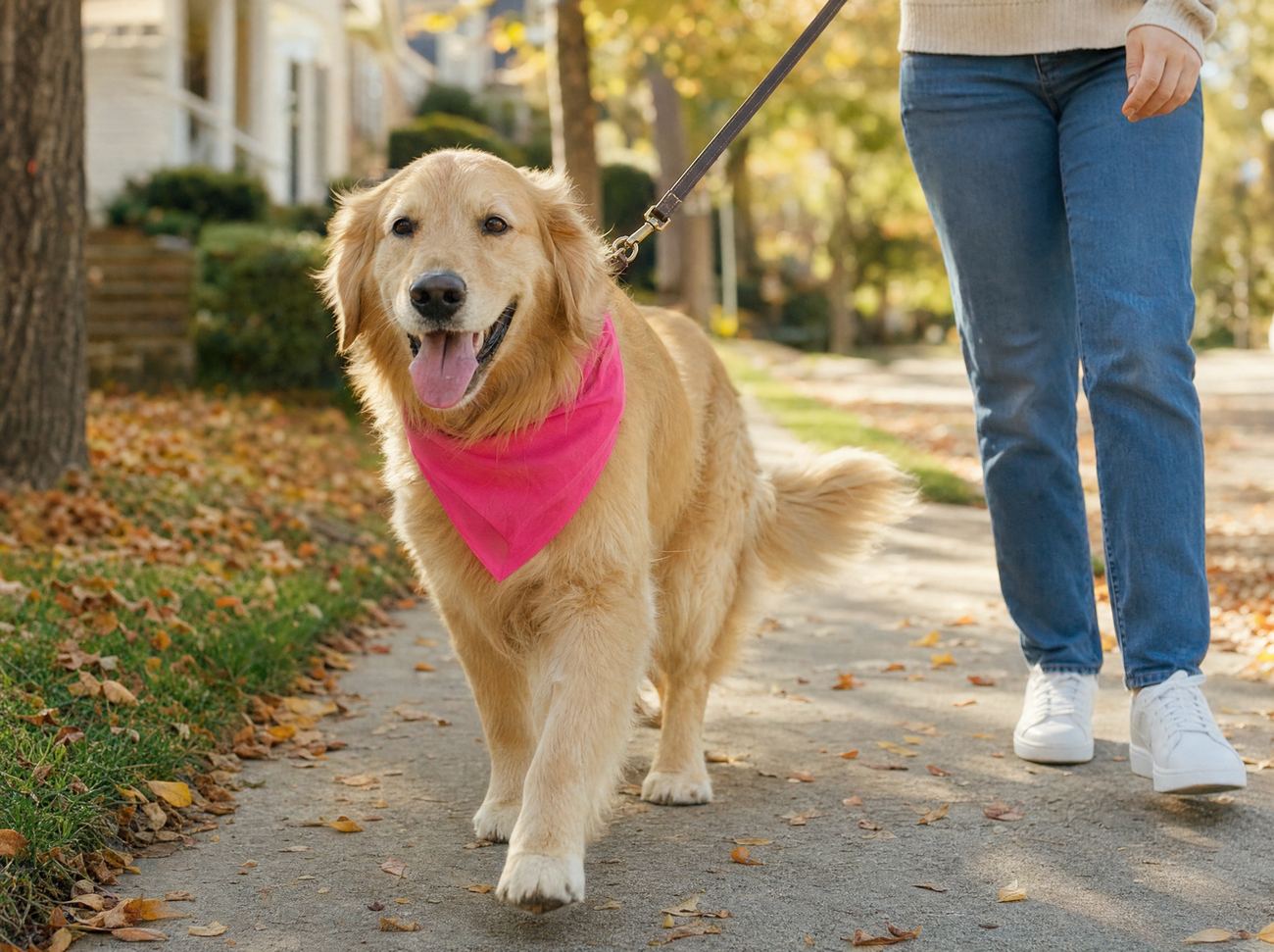 A happy golden retriever in a pink bandana out on a walk
