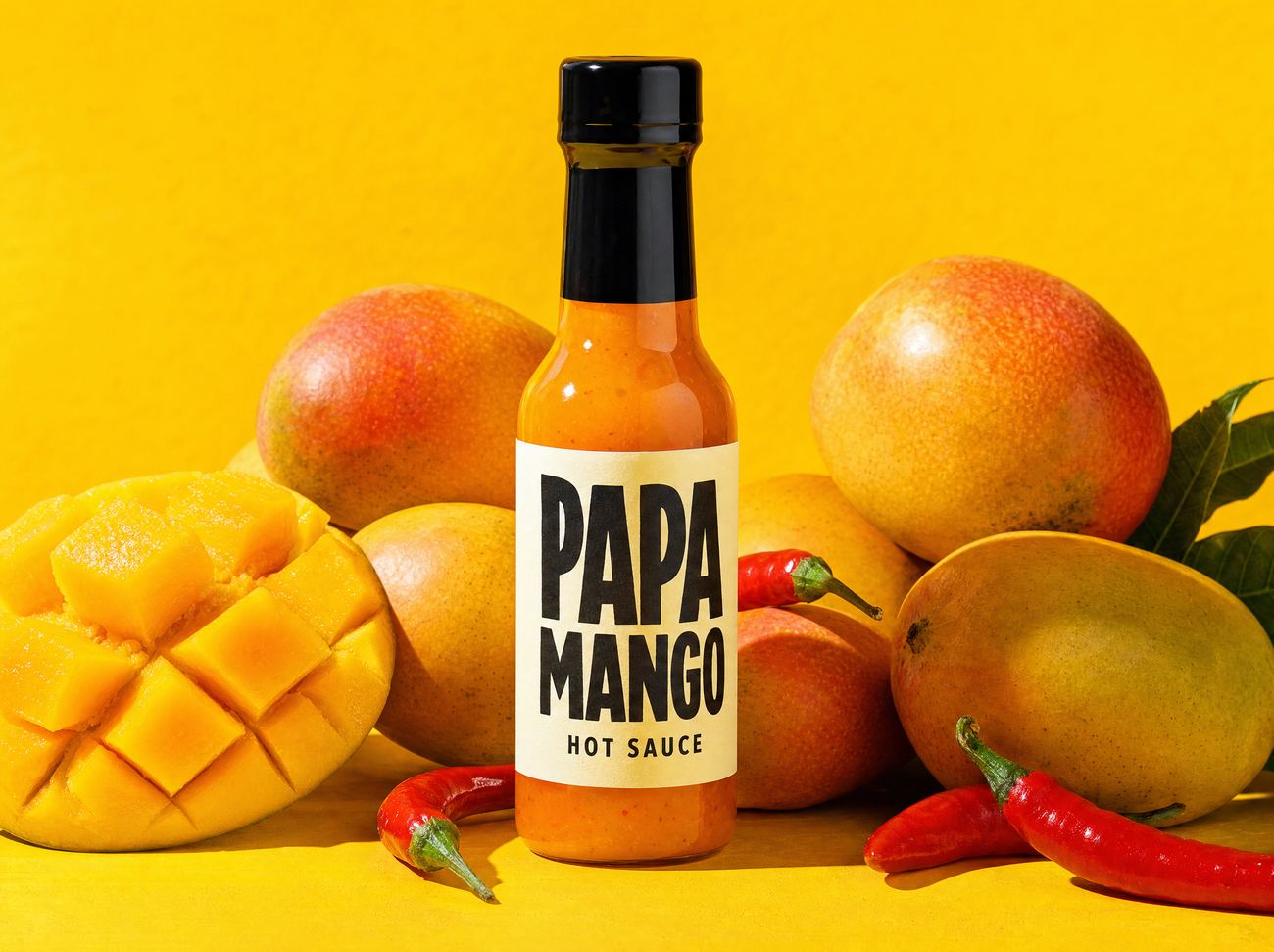 Papa Mango hot sauce bottle among fresh mangoes and red chillies