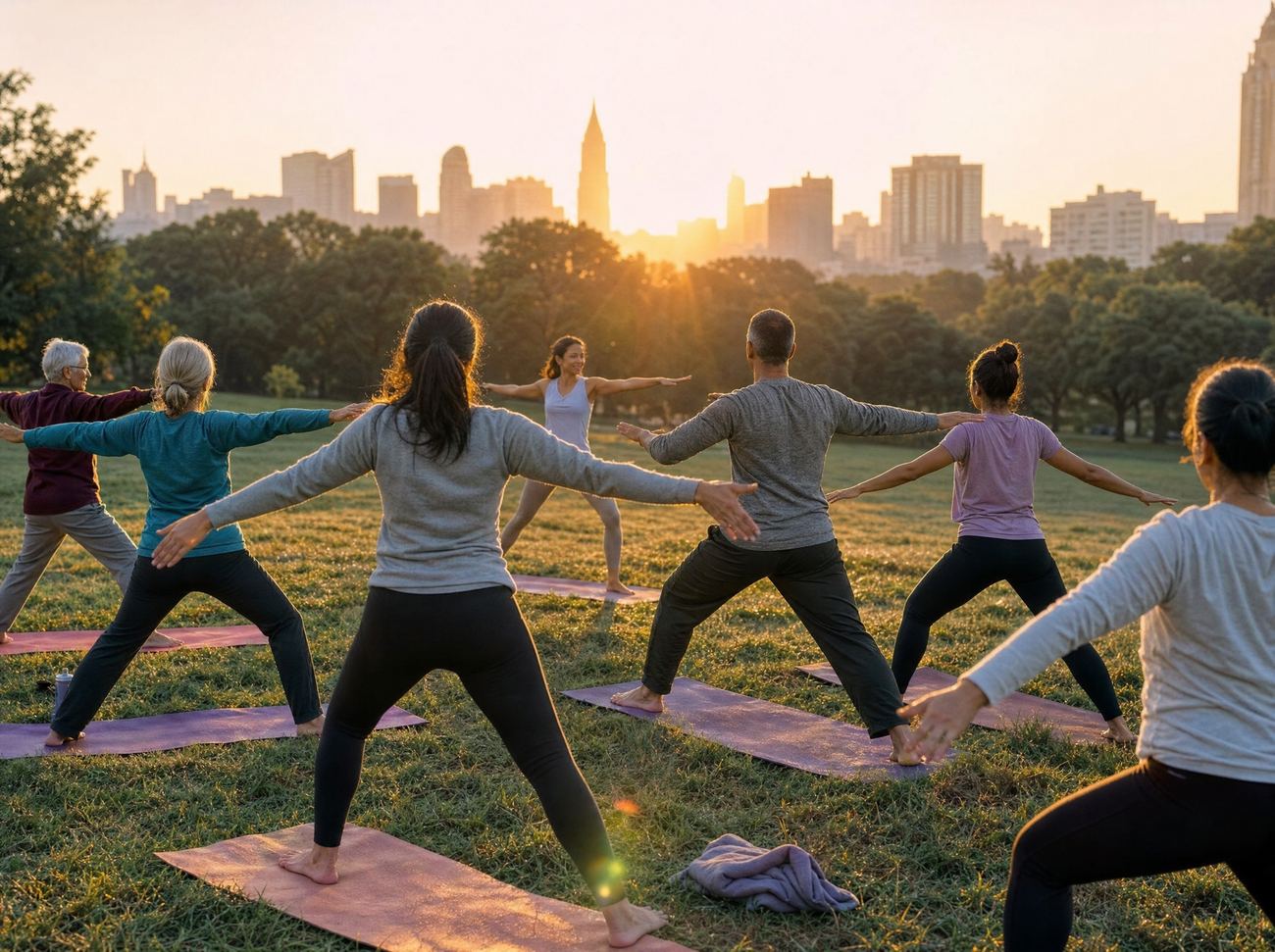 An outdoor yoga class stretching in a city park at sunrise