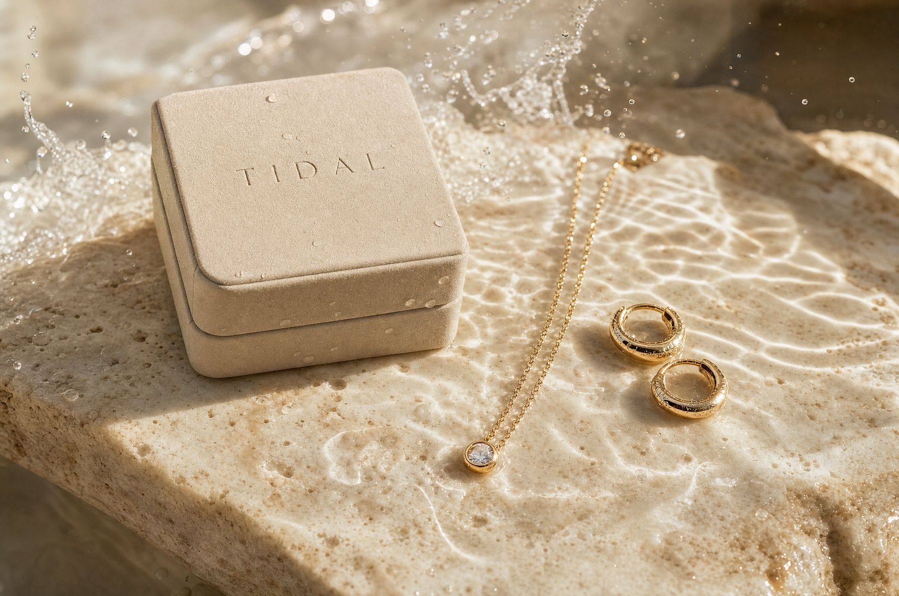 A Tidal jewelry box beside a necklace and huggie hoops on wet travertine with splashing water